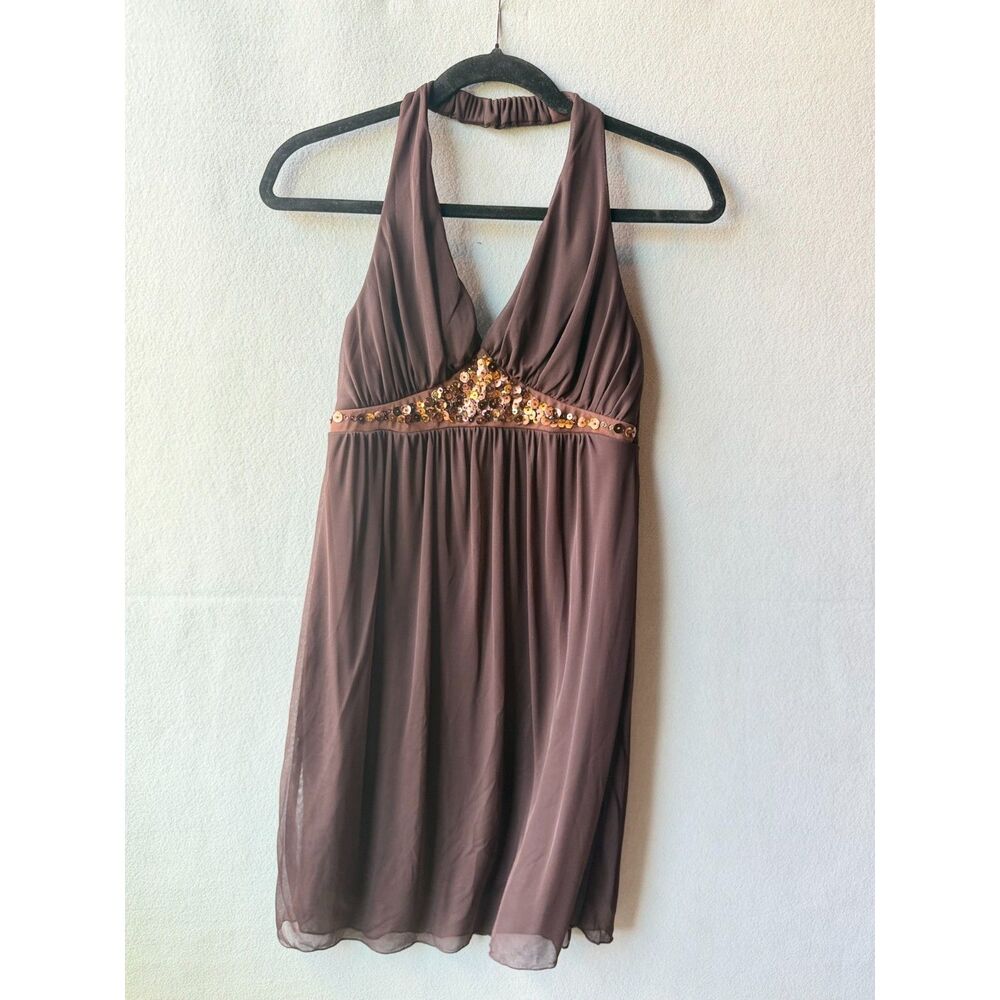 Y2K Flowy Babydoll Brown Sequin Halter Mini Dress 2000s Going Out Club Dress - Picture 2 of 4